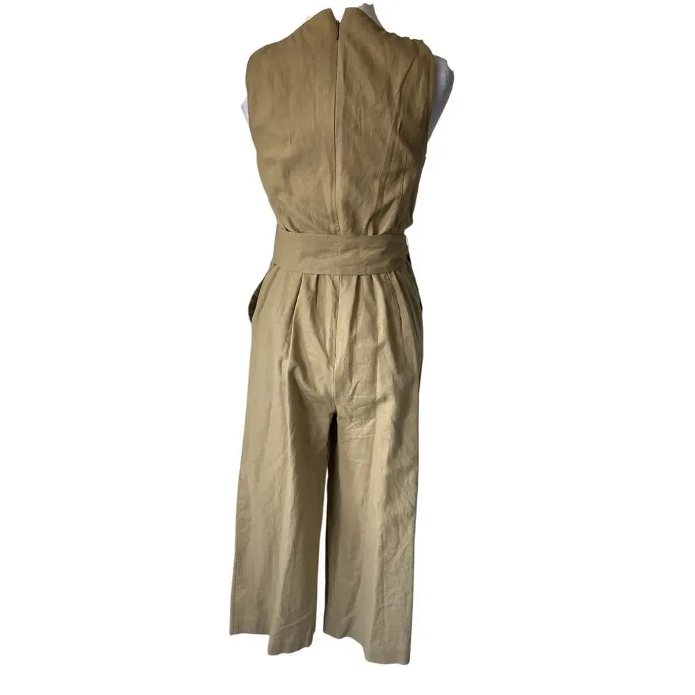 J.Crew Cropped Wide-Leg Jumpsuit Linen-Cotton Blend Belted Utility Style size 00